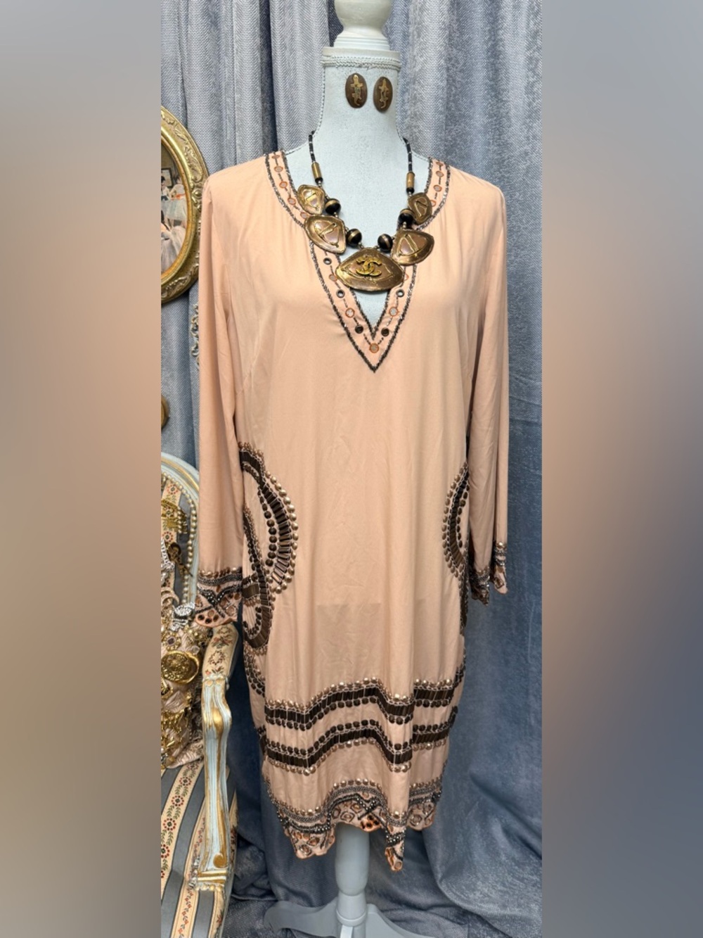 Beige Embellished V-Neck Tunic Dress with Jewelry Set